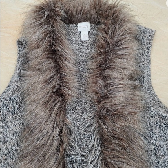 CHICOS Sweater Vest Faux Fur Fringe Collar Womens 2/L/12 Tan Brown Gray Cotton - Picture 5 of 9